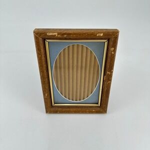 Vintage Wood Picture Frame Blue Oval Mat Gold Trim 5x7 Distressed Rustic Decor